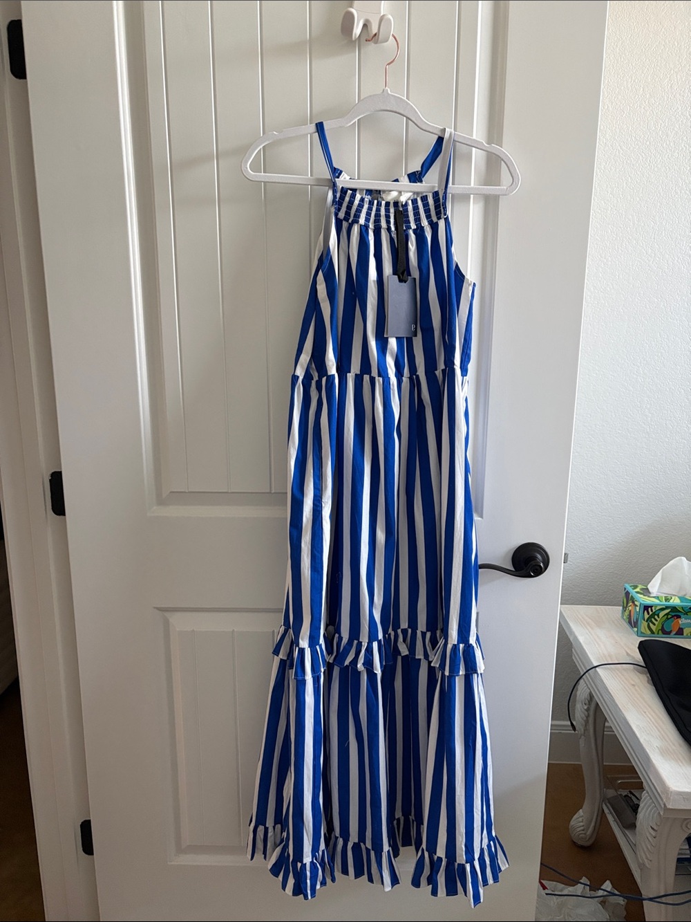 Pomander Place Blue and White Striped Maxi Sundress